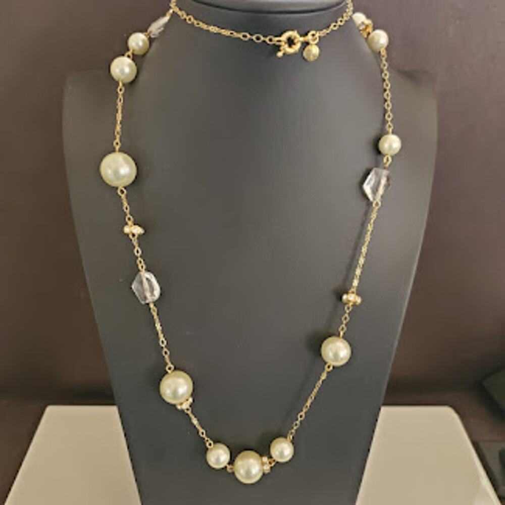 J. Crew Long Station Necklace Gold Tone Faux Pearls‎ and Crystals Dressy